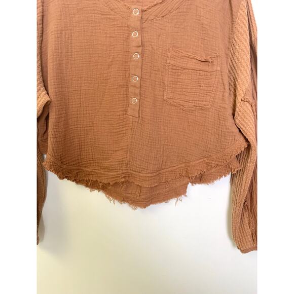 Promesa Brown Cropped Top M Boho Frayed Hem Waffle Oversize Casual Festival Fall - Picture 5 of 10